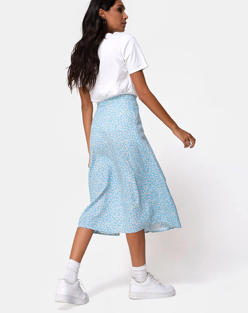 Saika Midi Skirt in Ditsy Rose Blue - Awmao