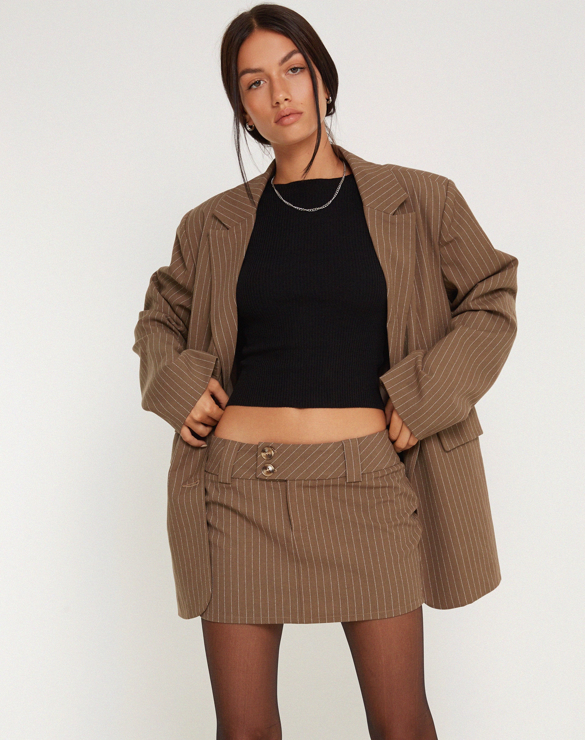 Tovani Mini Skirt in Pinstripe Brown - Awmao
