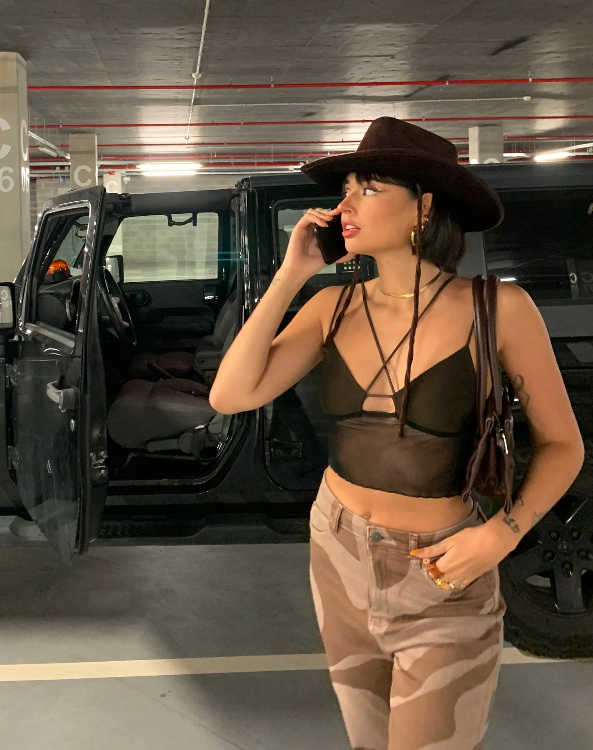 Olgi Crop Top in Mesh Black and Brown - Awmao