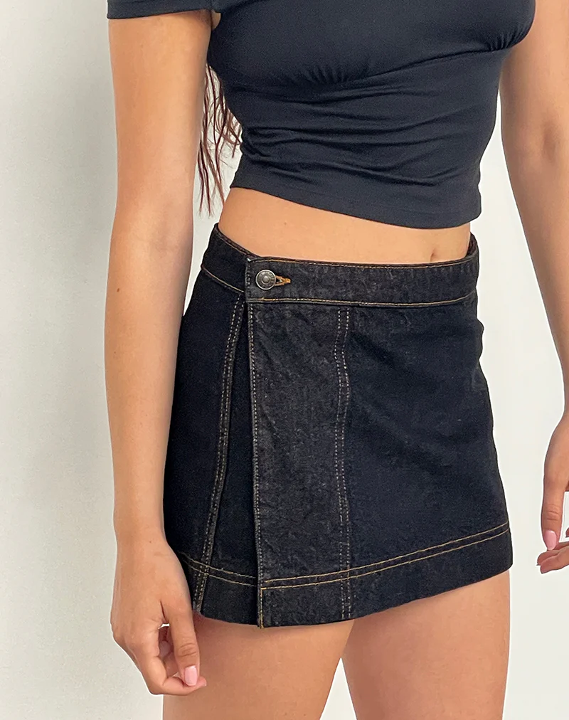 Denim Mini Wrap Skirt in Indigo - Awmao