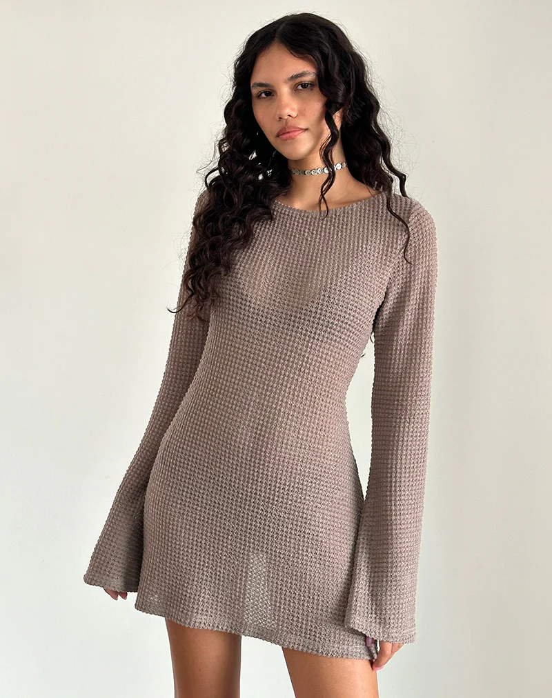 Sevila Long Sleeve Mini Dress in Light Taupe Knit - Awmao