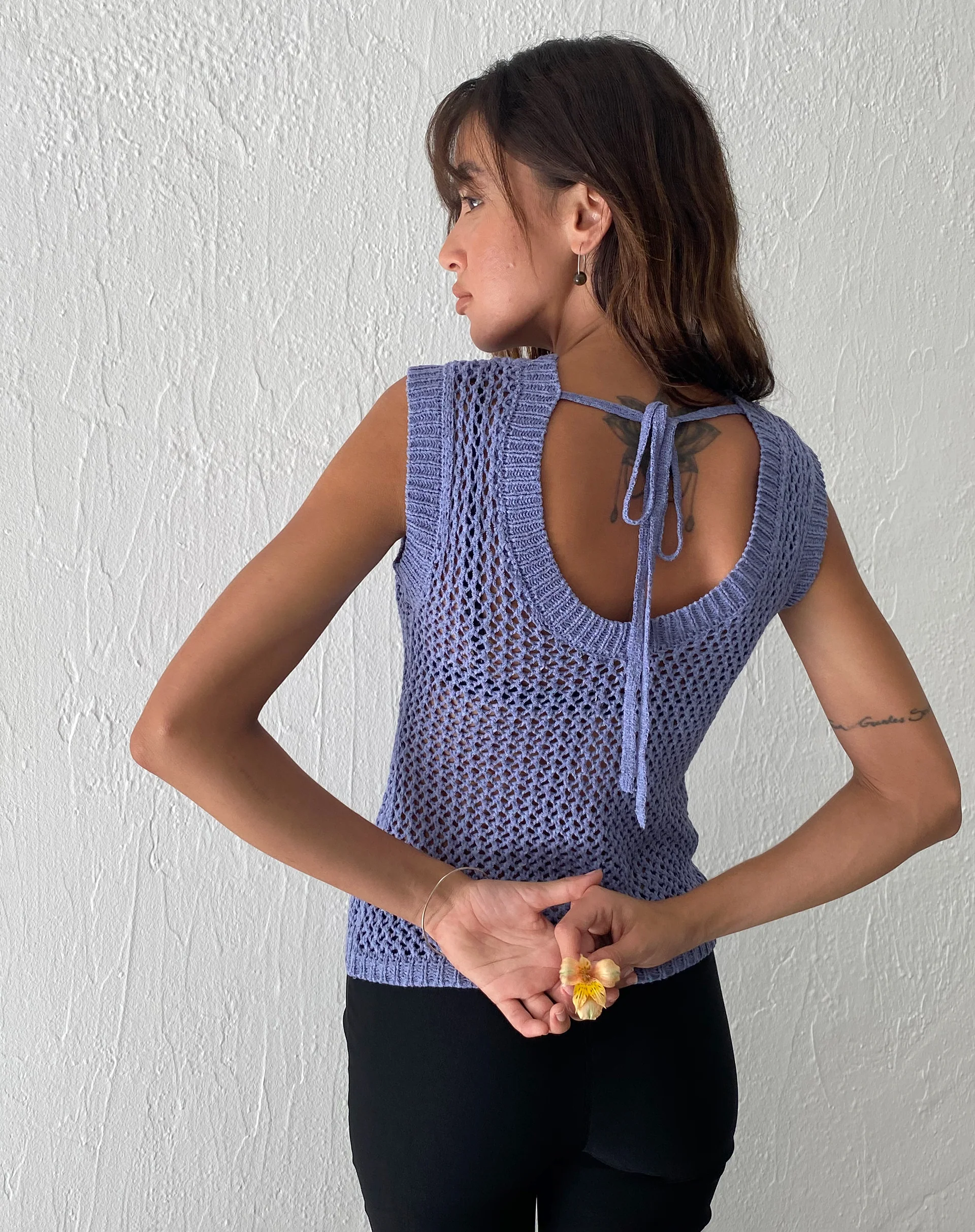 Nibura Open Back Vest Top in Blue Knit - Awmao