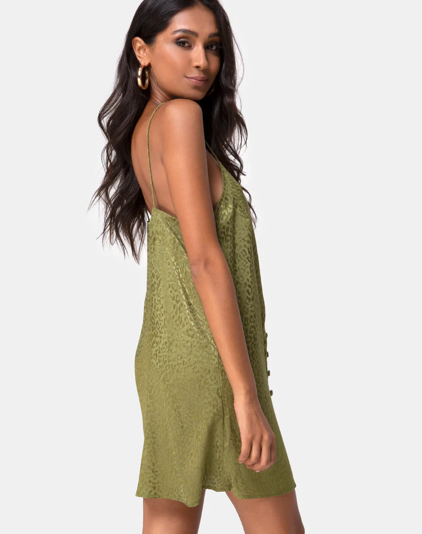 Akina Dress in Satin Cheetah Khaki - Awmao