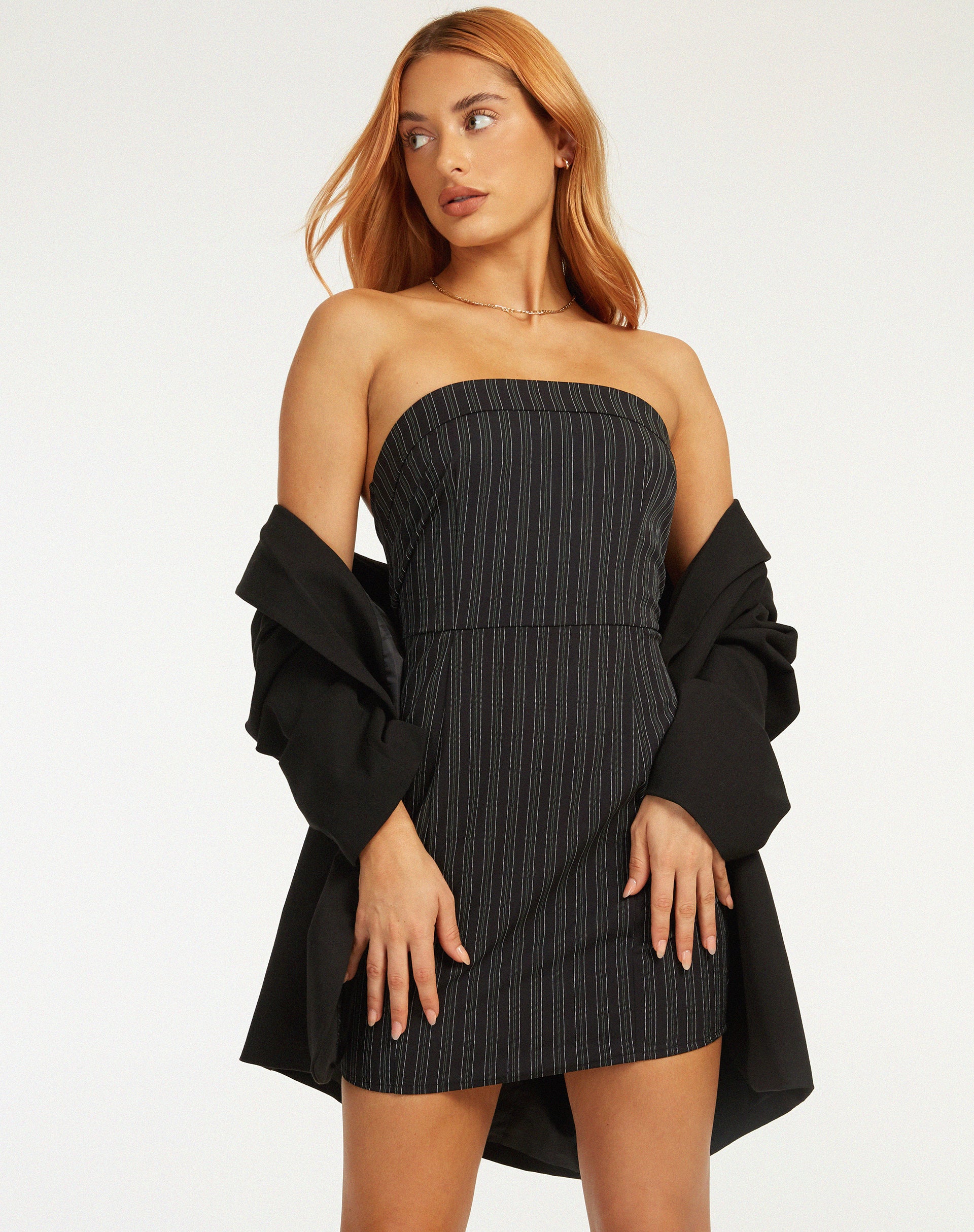 Siria Bandeau Dress in Irregular Stripe Black - Awmao