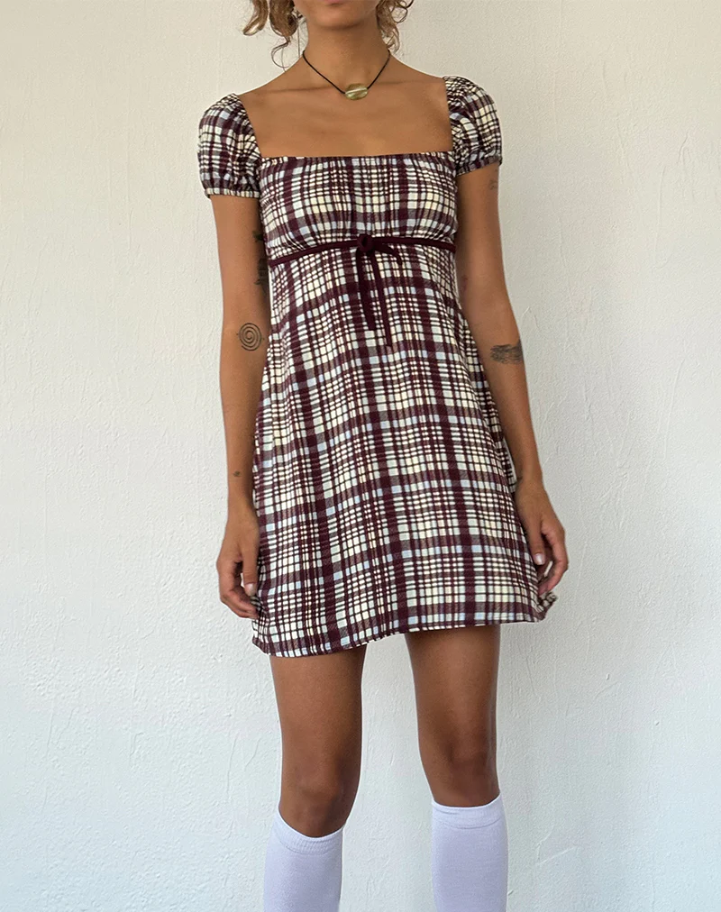 Savio Mini Dress in Multi Check Brown - Awmao