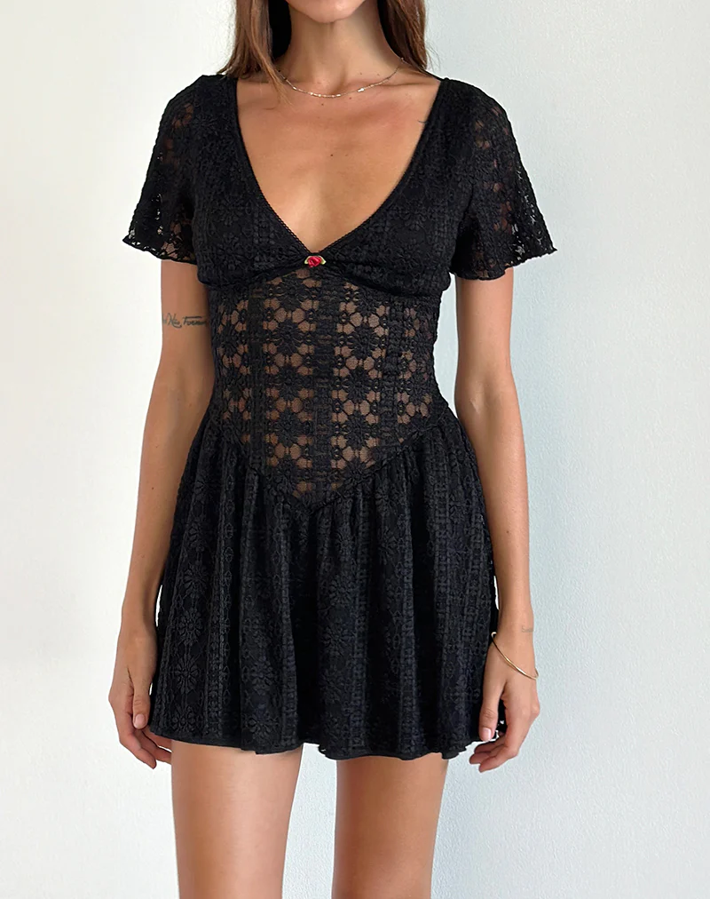 Geni Mini Dress in Regal Lace Black - Awmao
