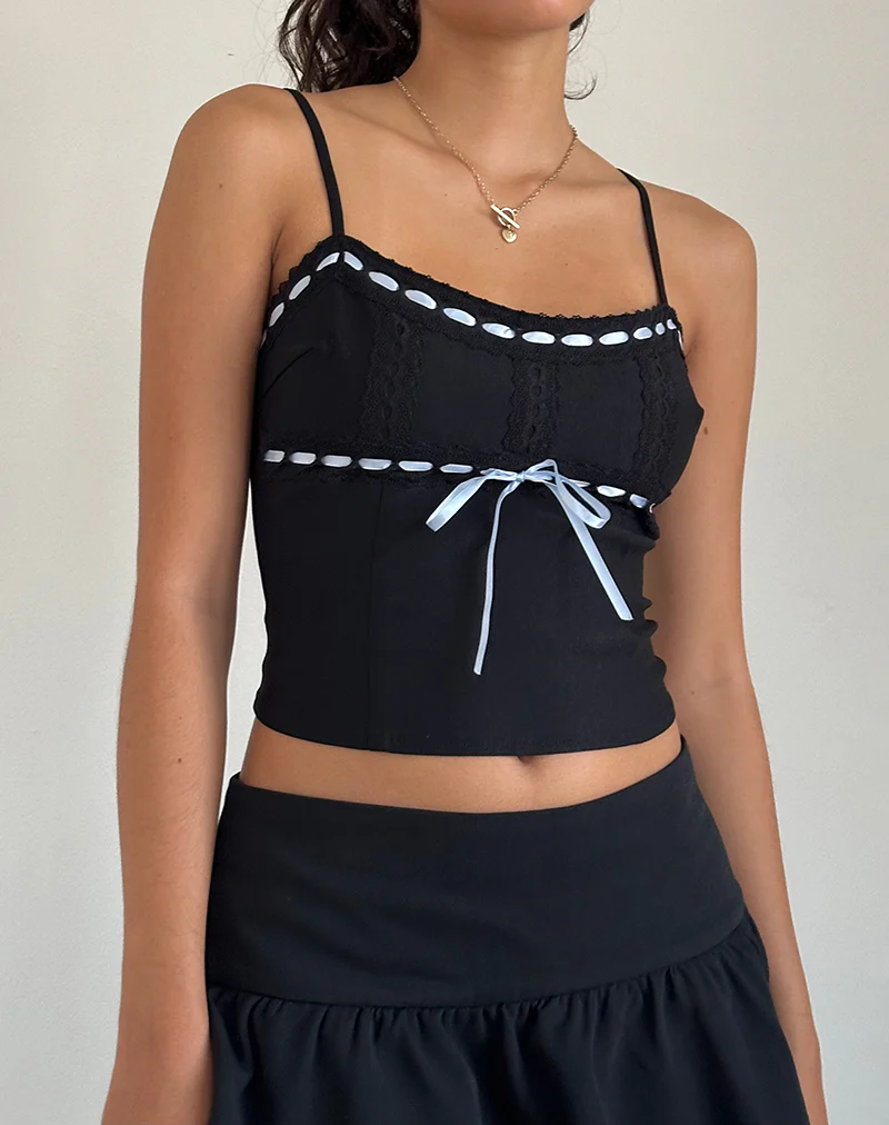 Karda Cami Top in Black with Contrast Ribbon - Awmao