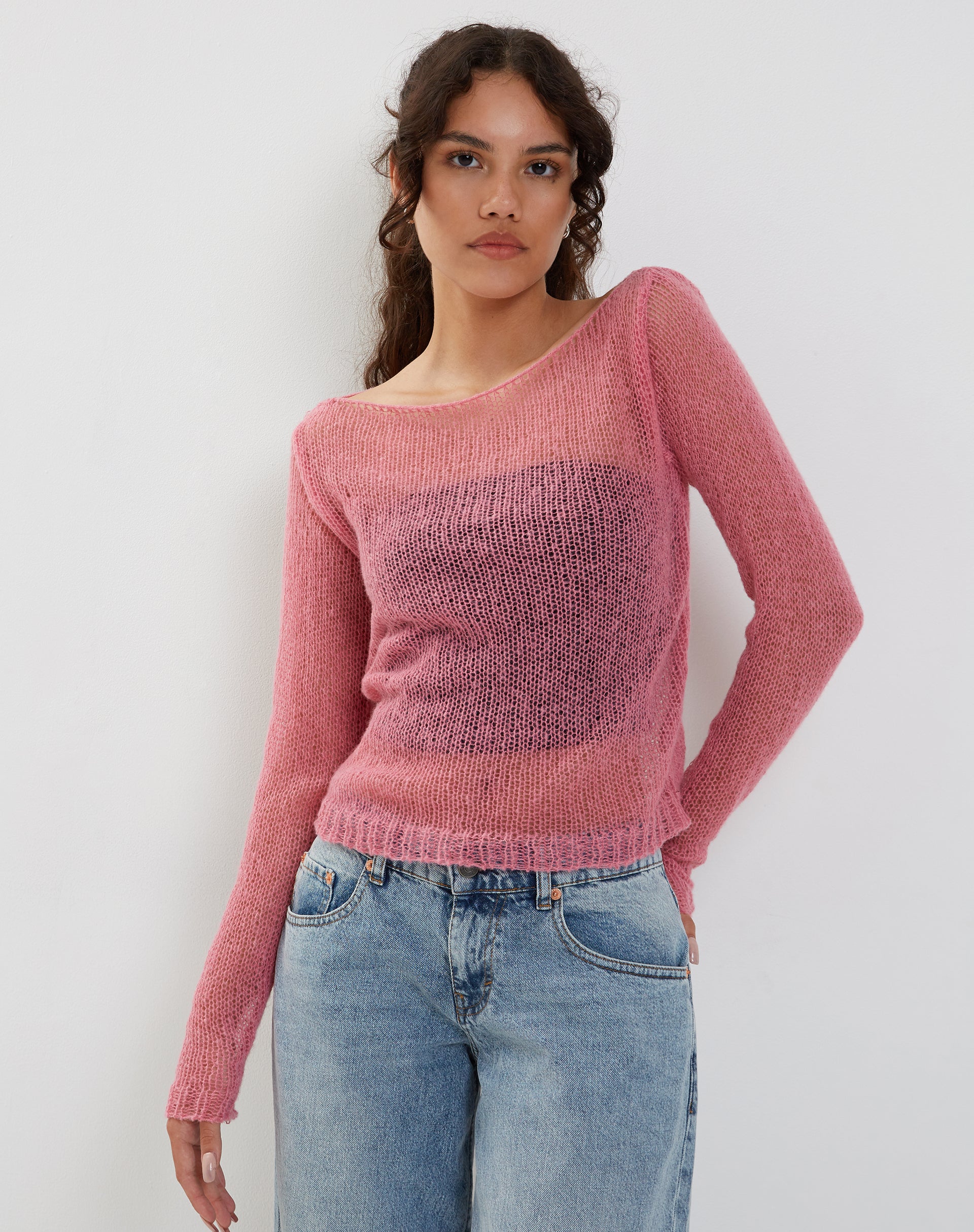 Imelda Fine Open Knit Long Sleeve Top in Pink - Awmao