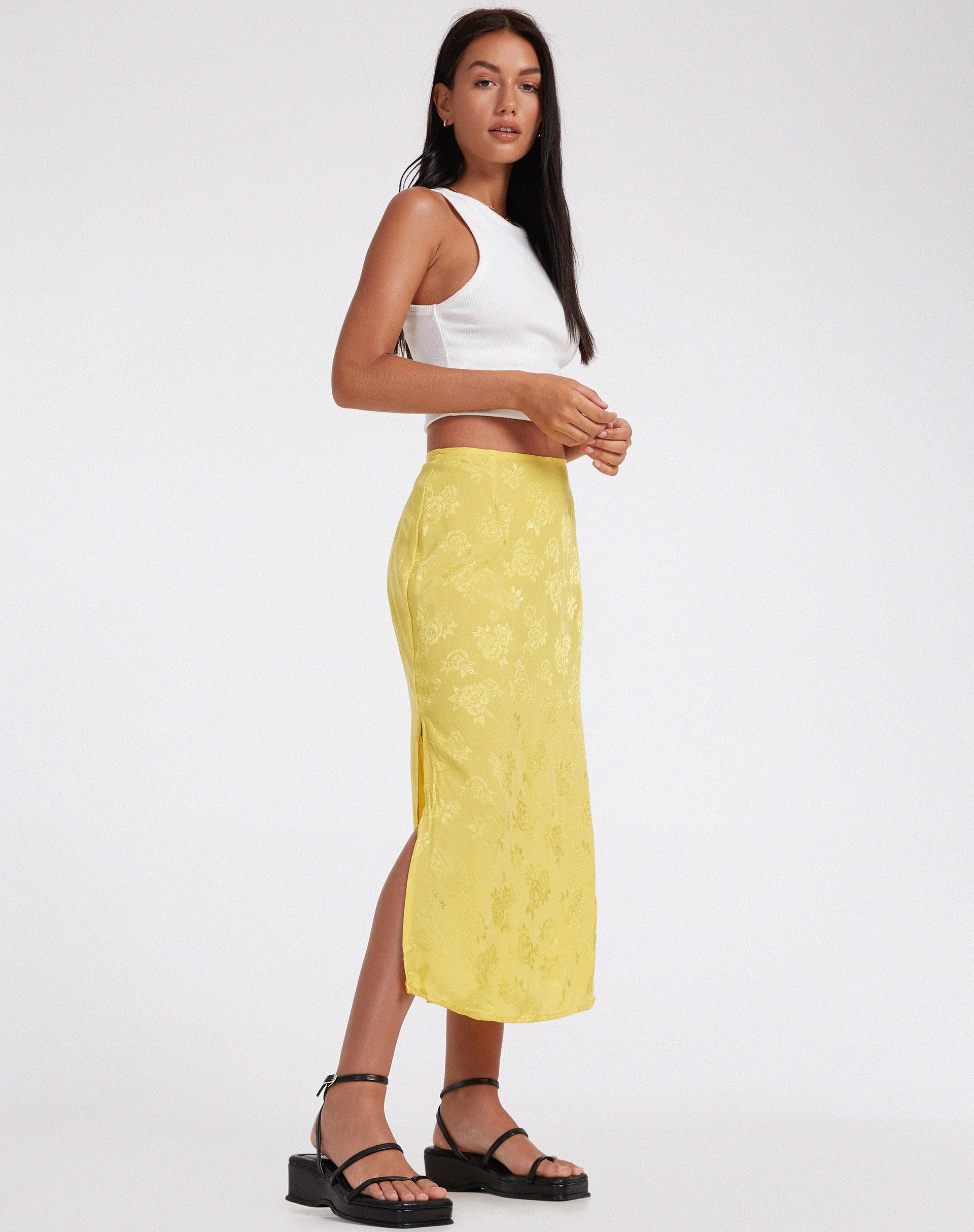 Kindra Midi Skirt in Satin Rose Sunshine Yellow - Awmao