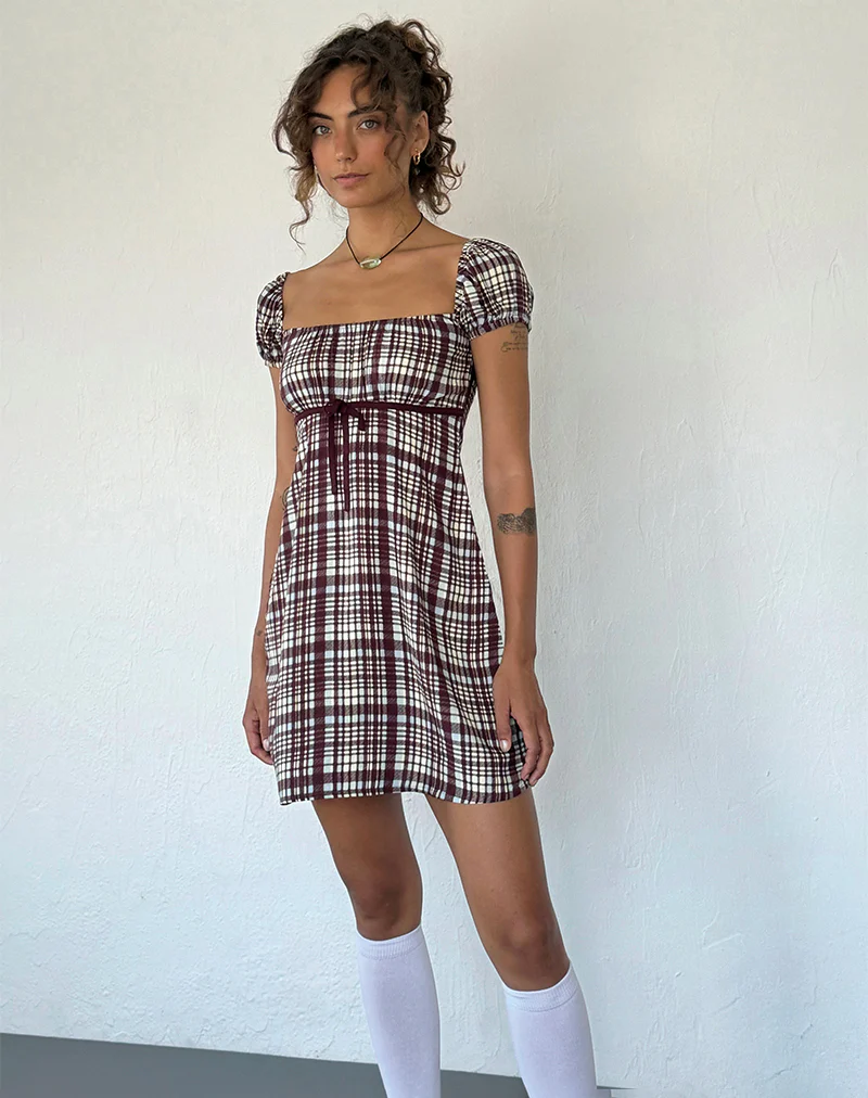 Savio Mini Dress in Multi Check Brown - Awmao