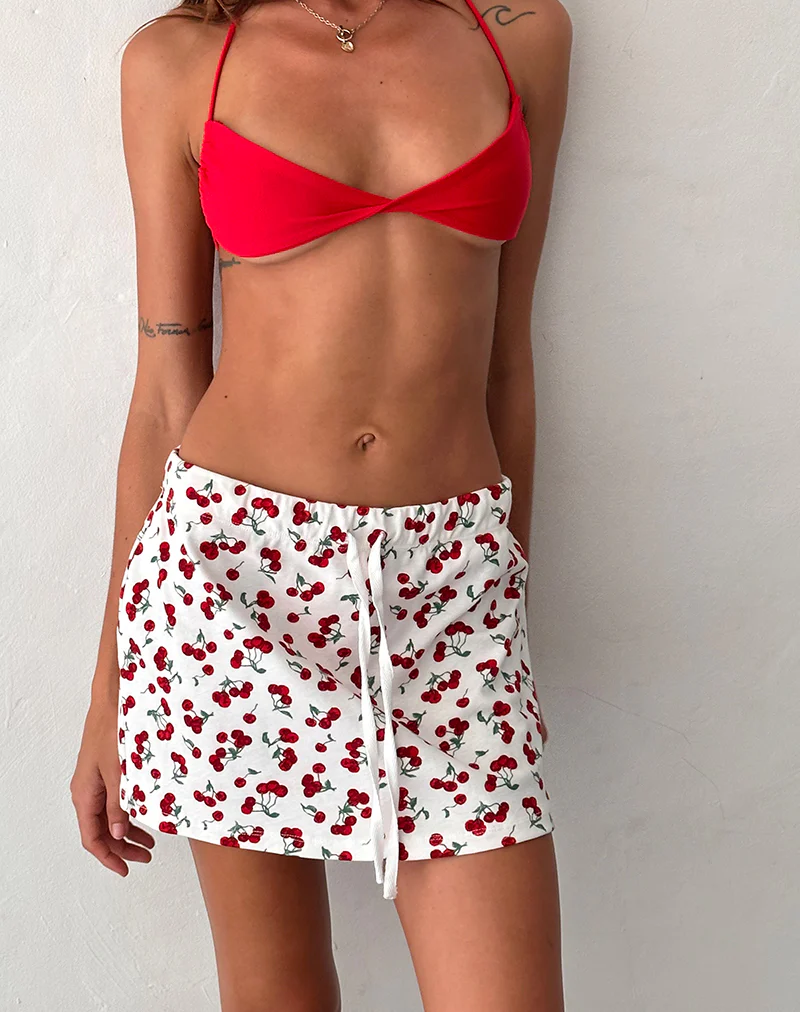 Dheca Mini Skirt in White Cherry Print - Awmao