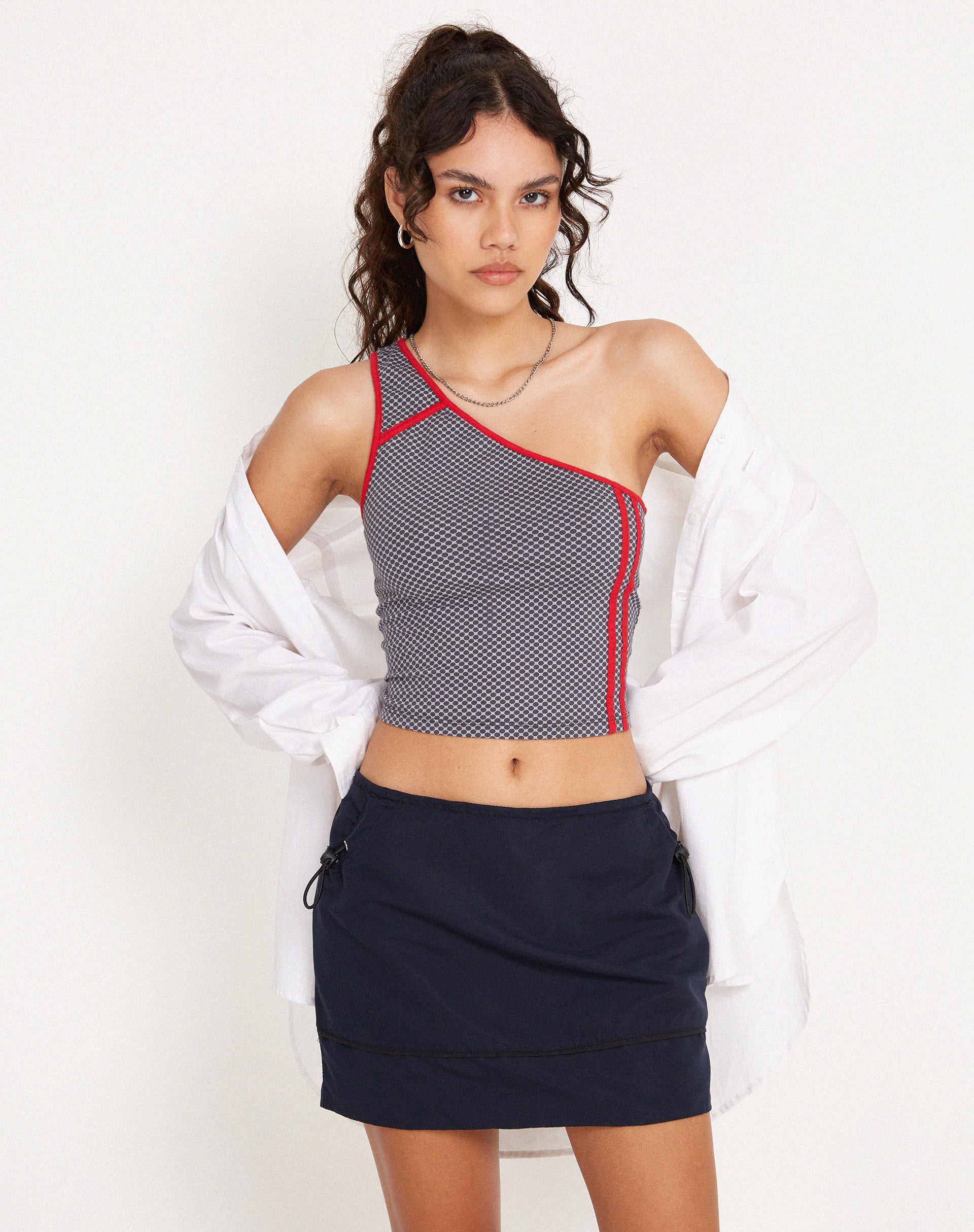 Baylor One Shoulder Top in Grey Red Sporty Micro Spot - Awmao