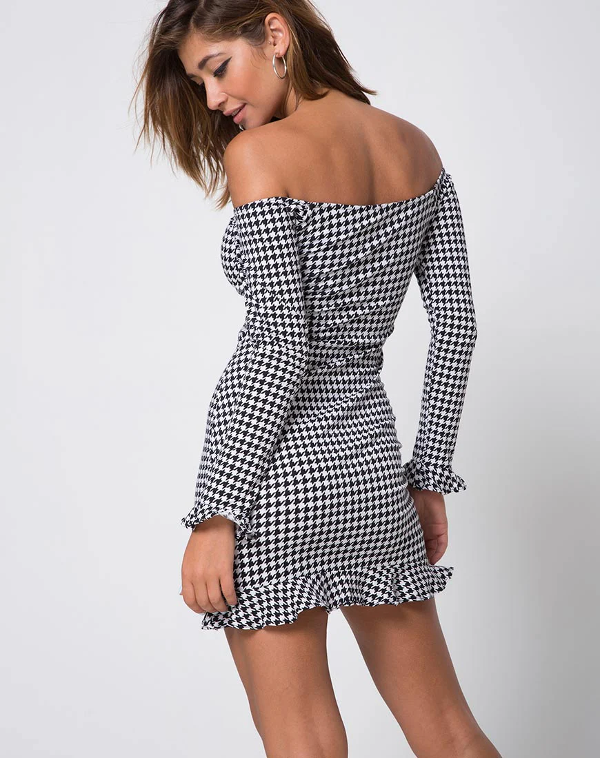 Jazzie Off The Shoulder Dress in Dogtooth - Awmao
