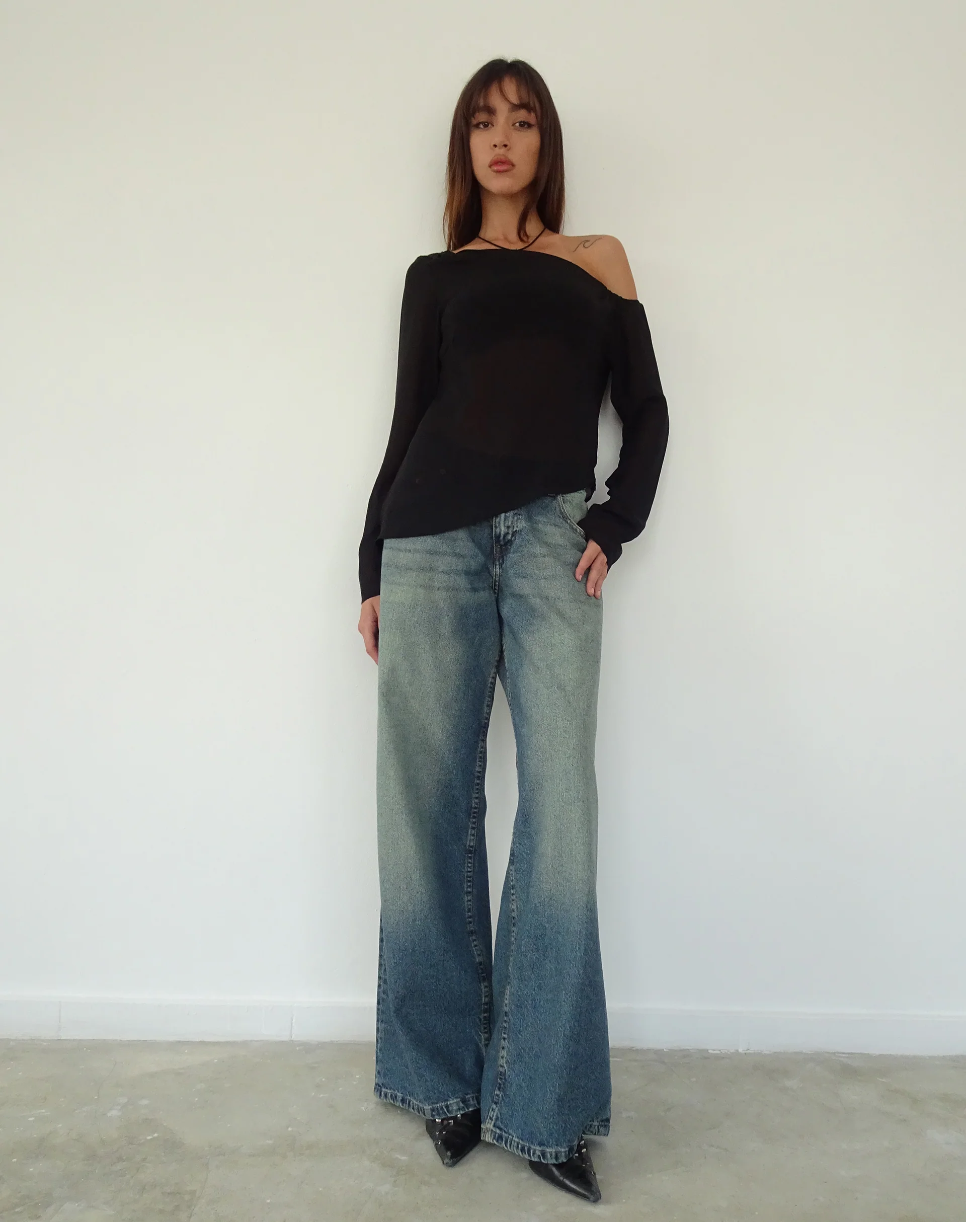 Riot Asymmetric Longline Top in Black Chiffon - Awmao