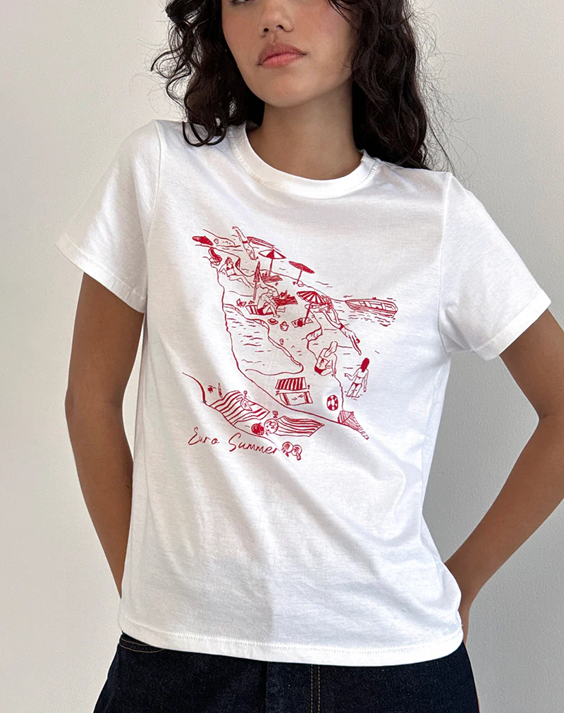 Saki Tee in White with Royal Red Euro Summer - Awmao