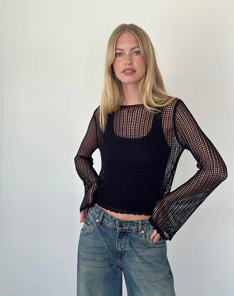 Jessamyn Open Knit Jumper in Black - Awmao