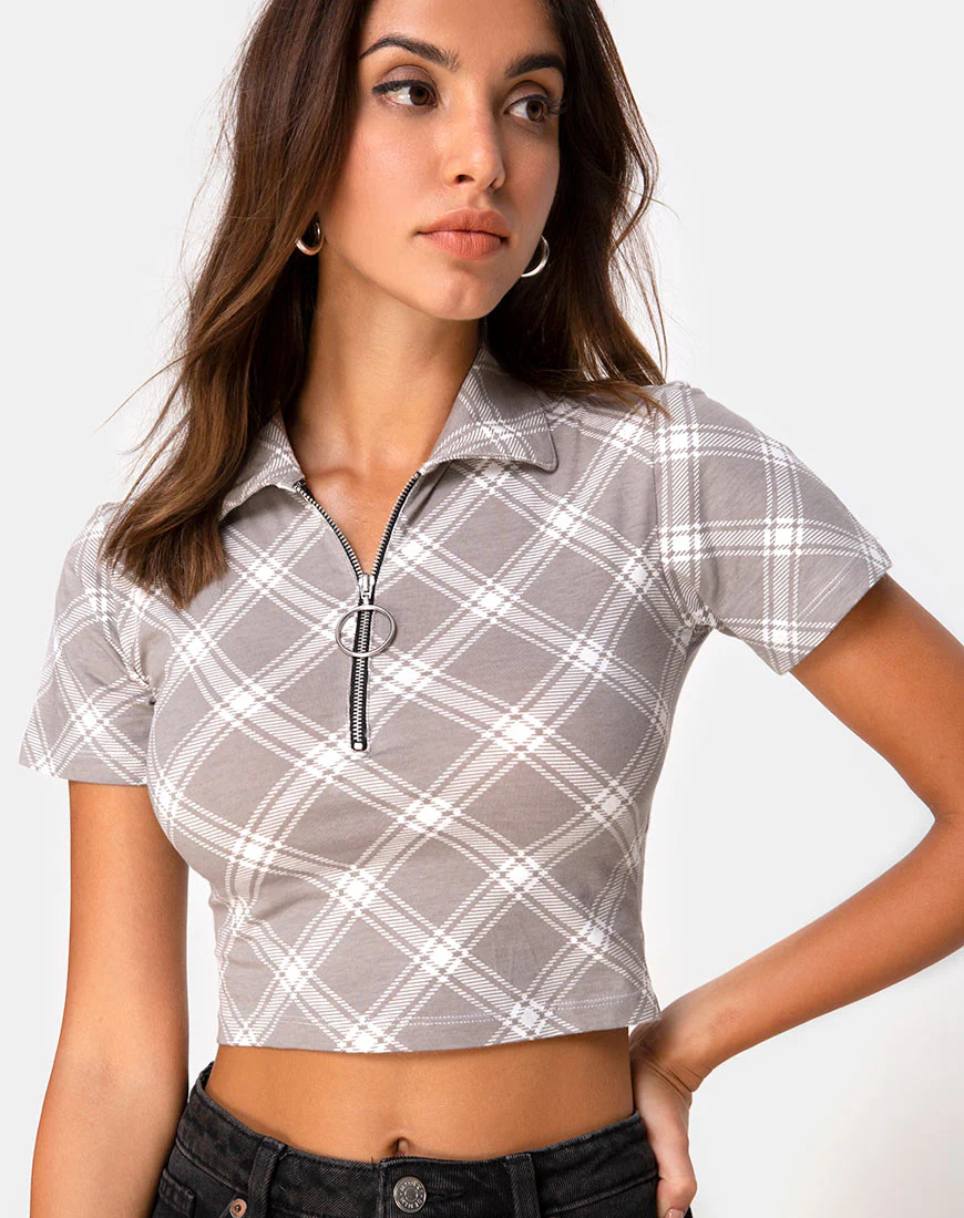 Dhen Crop Top in Grunge Check Taupe - Awmao