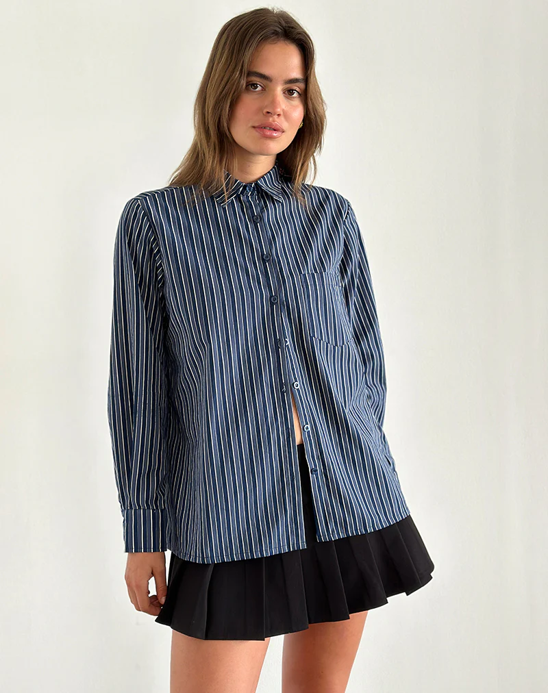 Turner Shirt in Dark Blue Indigo Stripe - Awmao