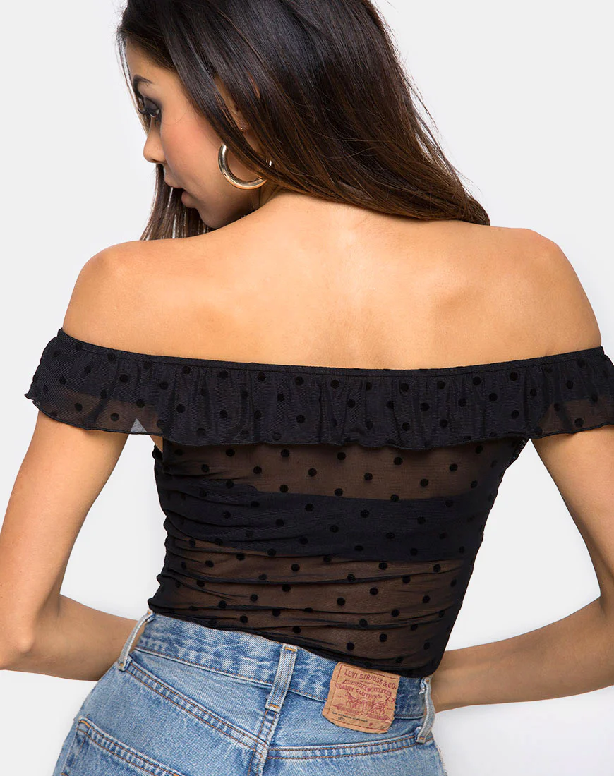 Natalia Off The Shoulder Bodice in Polka Net Black - Awmao