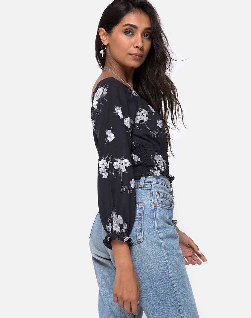 Lancer Crop Top in Mono Flower Black - Awmao