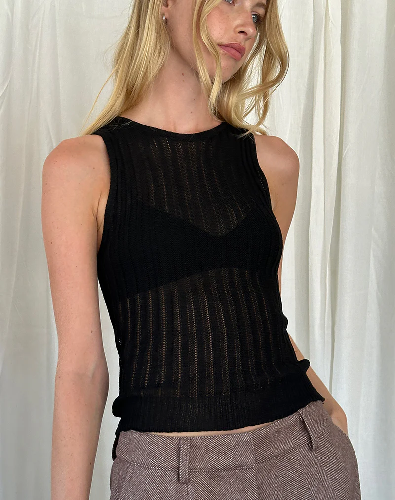 Alessia Vest Top in Wide Rib Knit Black - Awmao