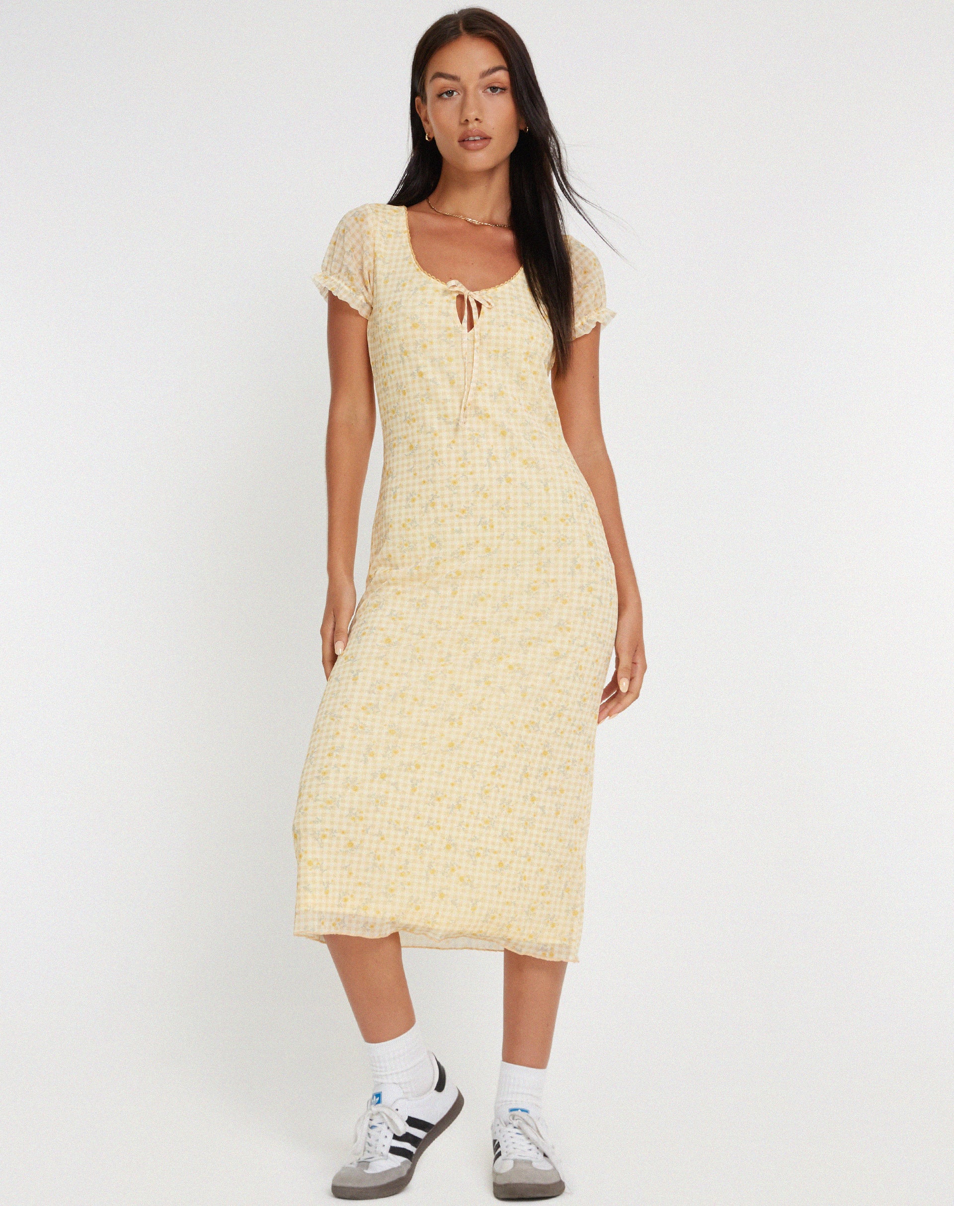 Aroha Midi Dress in Gingham Floral Yellow - Awmao