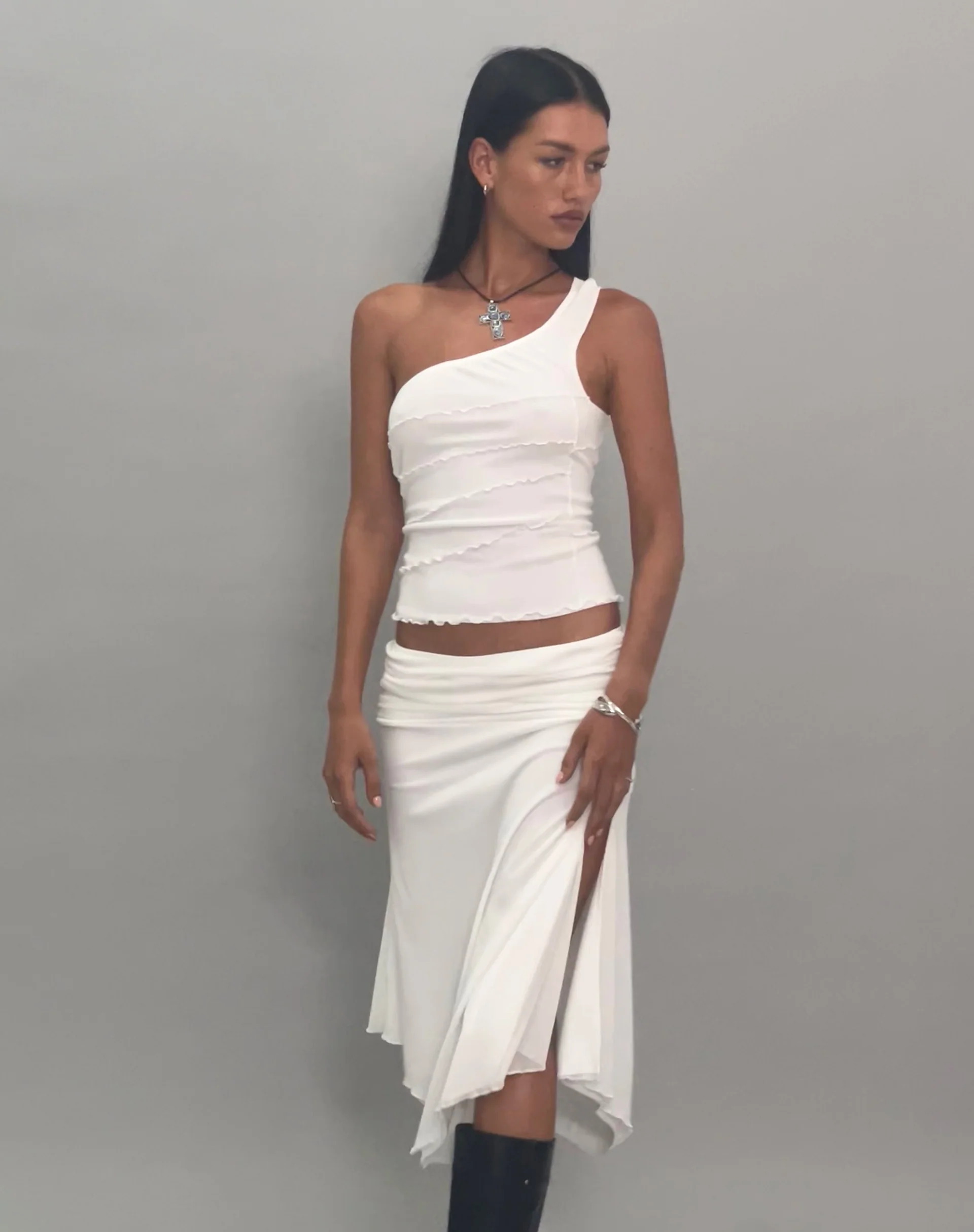 Cochise Seam Detail One Shoulder Mesh Top in Ivory - Awmao