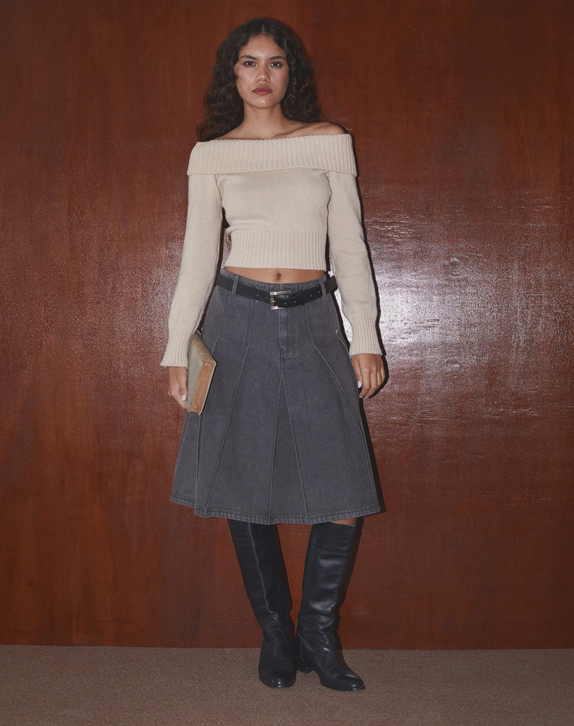 Sanjani Pleated Denim Midi Skirt in Grey Wash - Awmao