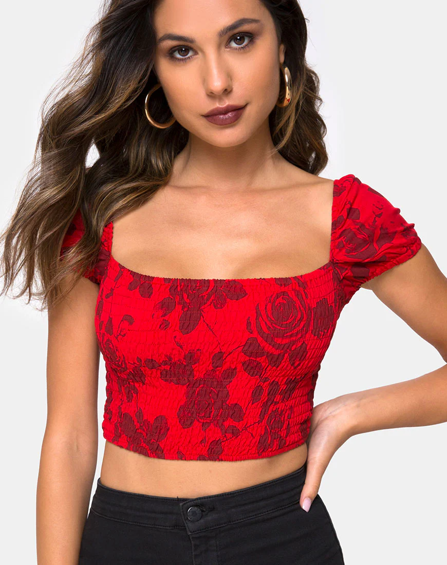 Alya Crop Top in Tonal Floral Red - Awmao