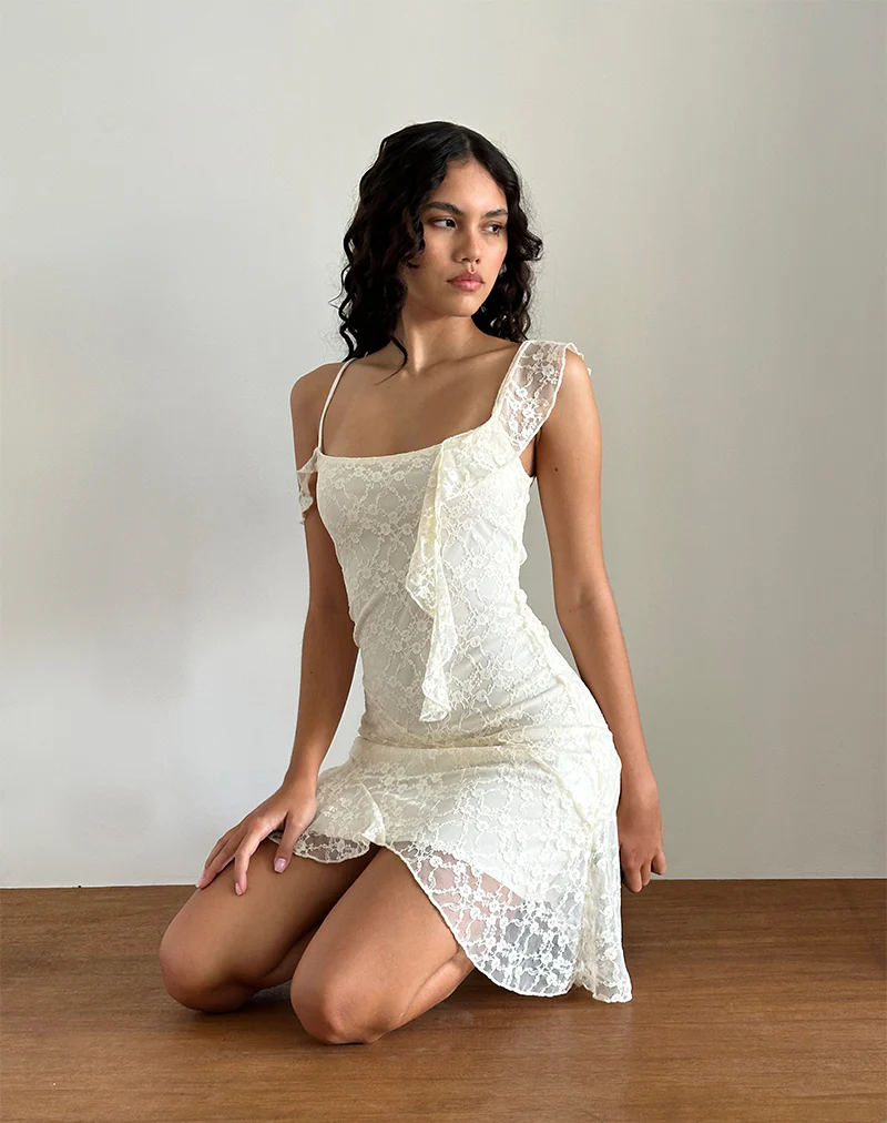 Jati Mini Dress in Off White Canina Rose Lace - Awmao