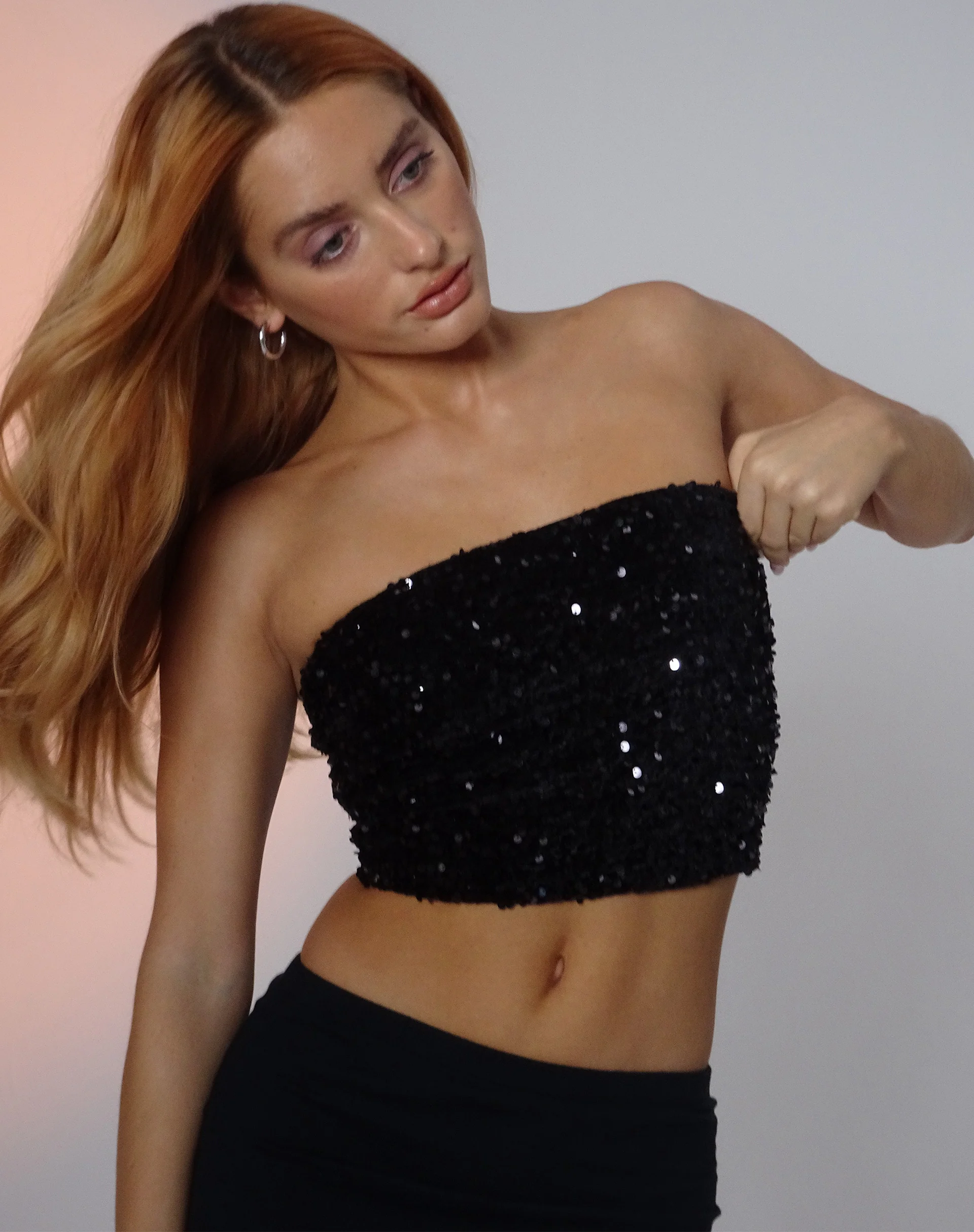 Shae Bandeau Top in Mini Sequin Black - Awmao