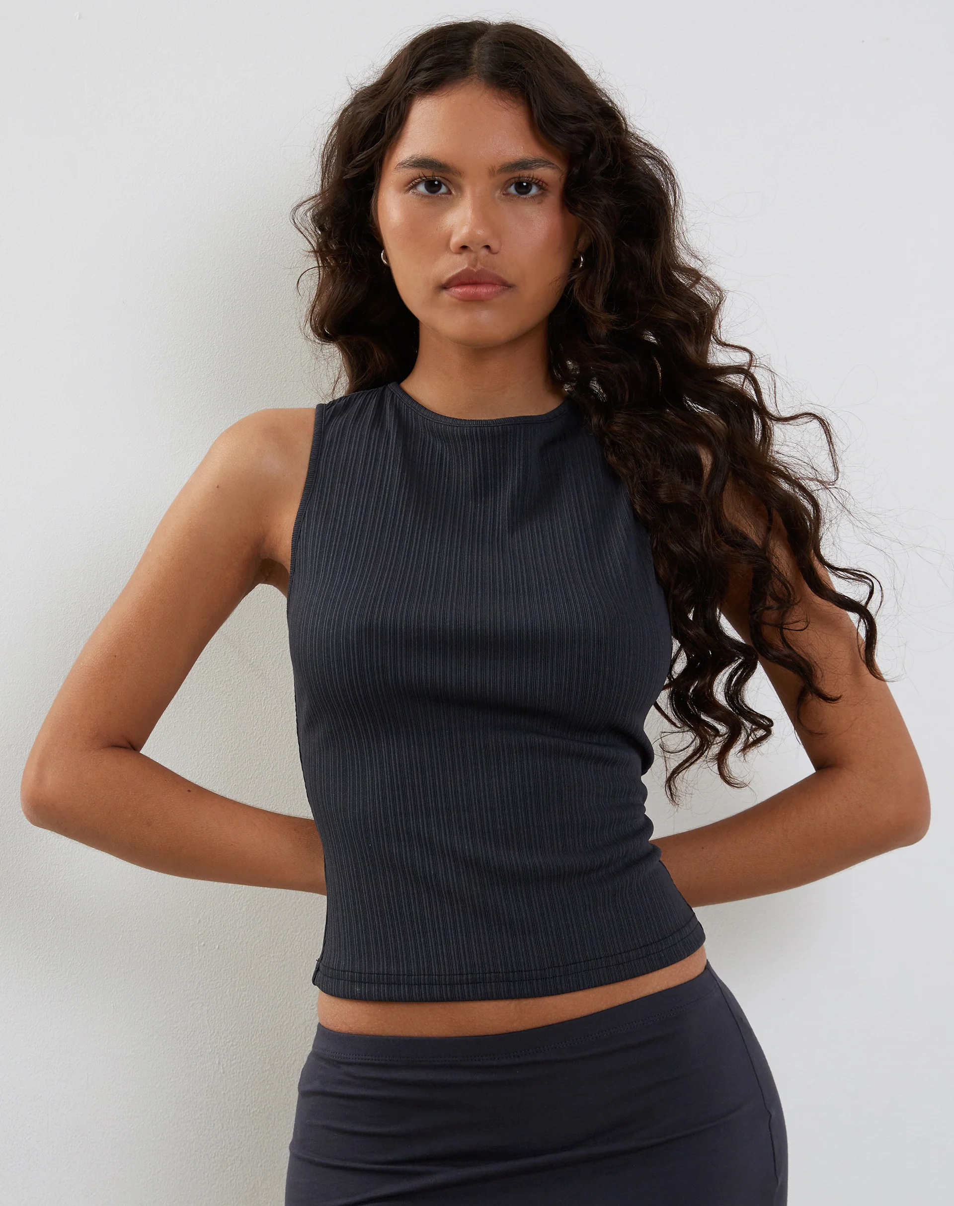 Jordin High Neck Jersey Top in Ribbed Ocean Storm - Awmao