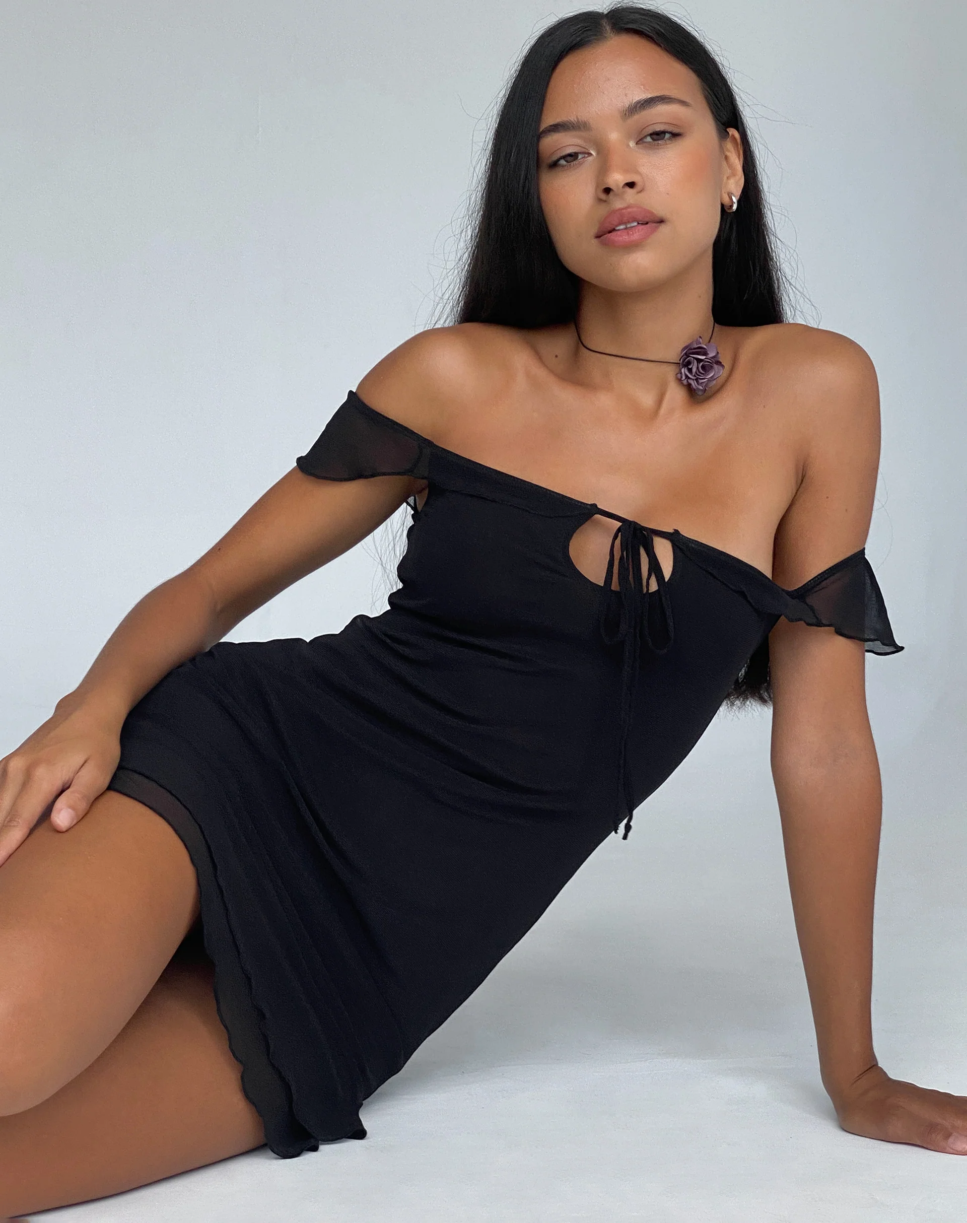 Valory Bardot Mini Dress in Black Mesh - Awmao