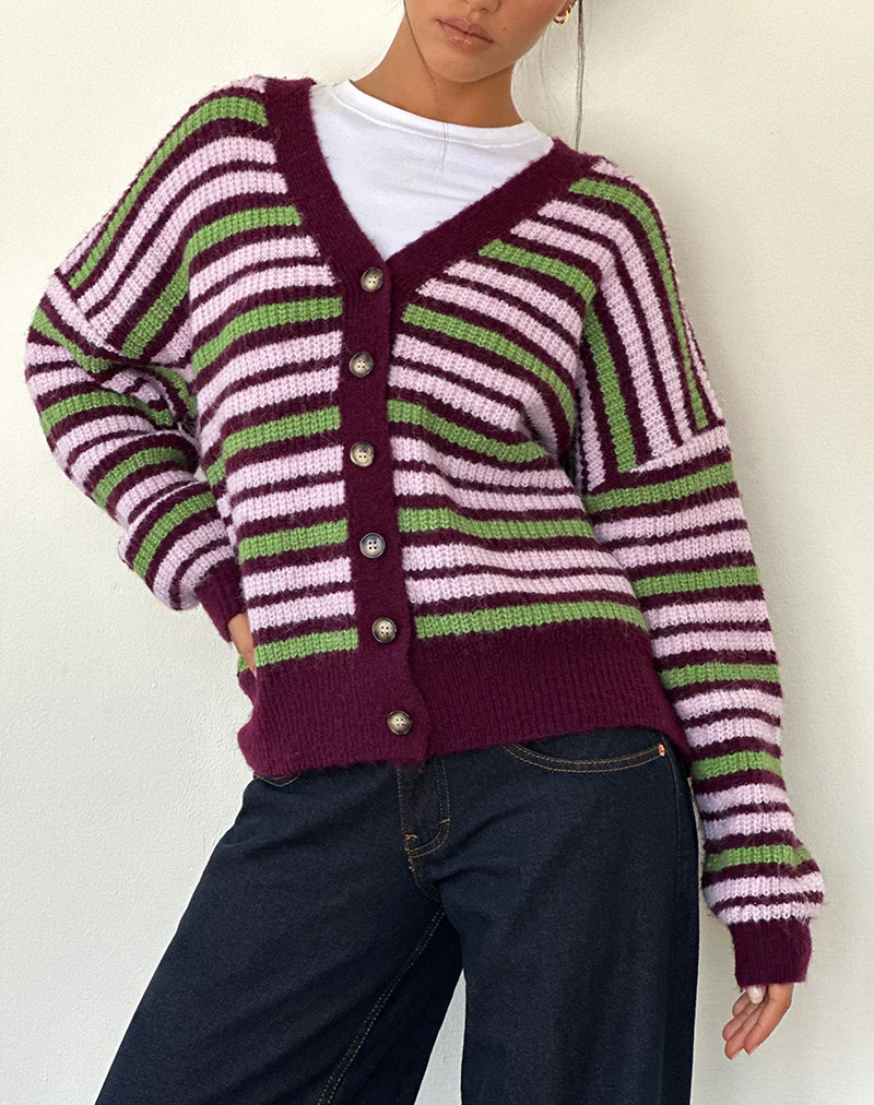 Uriela Cardigan in Green Pink and Burgundy Stripes - Awmao