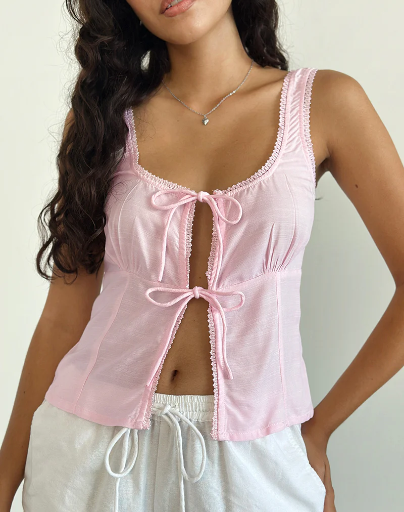 Esau Tie Front Top in Light Pink Private Slub - Awmao