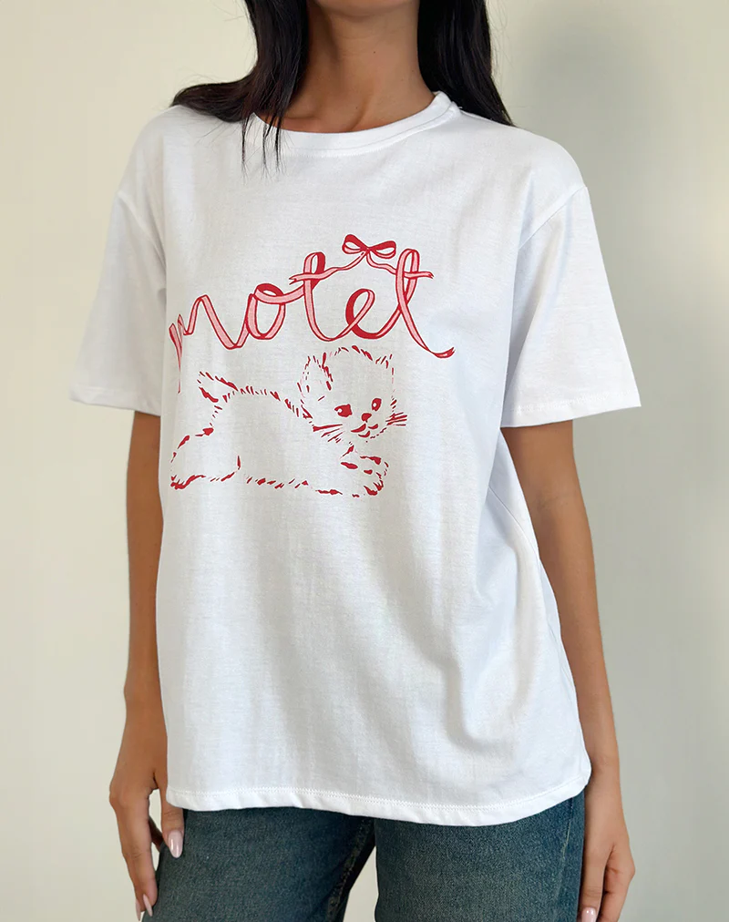 Oversized Basic Tee in White with Kitty - Awmao