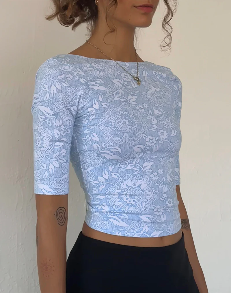 Xiwani Top in White Ornate Print Lycra - Awmao