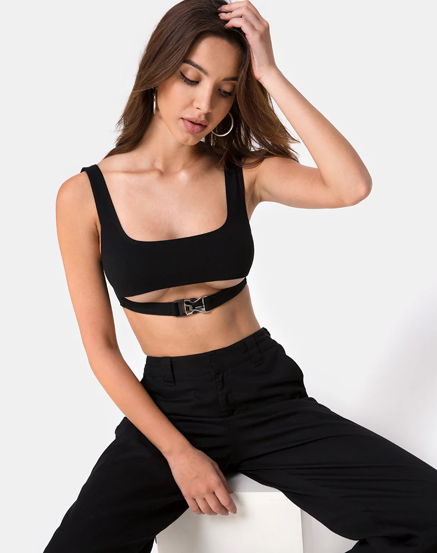 Reka Crop Top in Black with Silver Buckle - Awmao