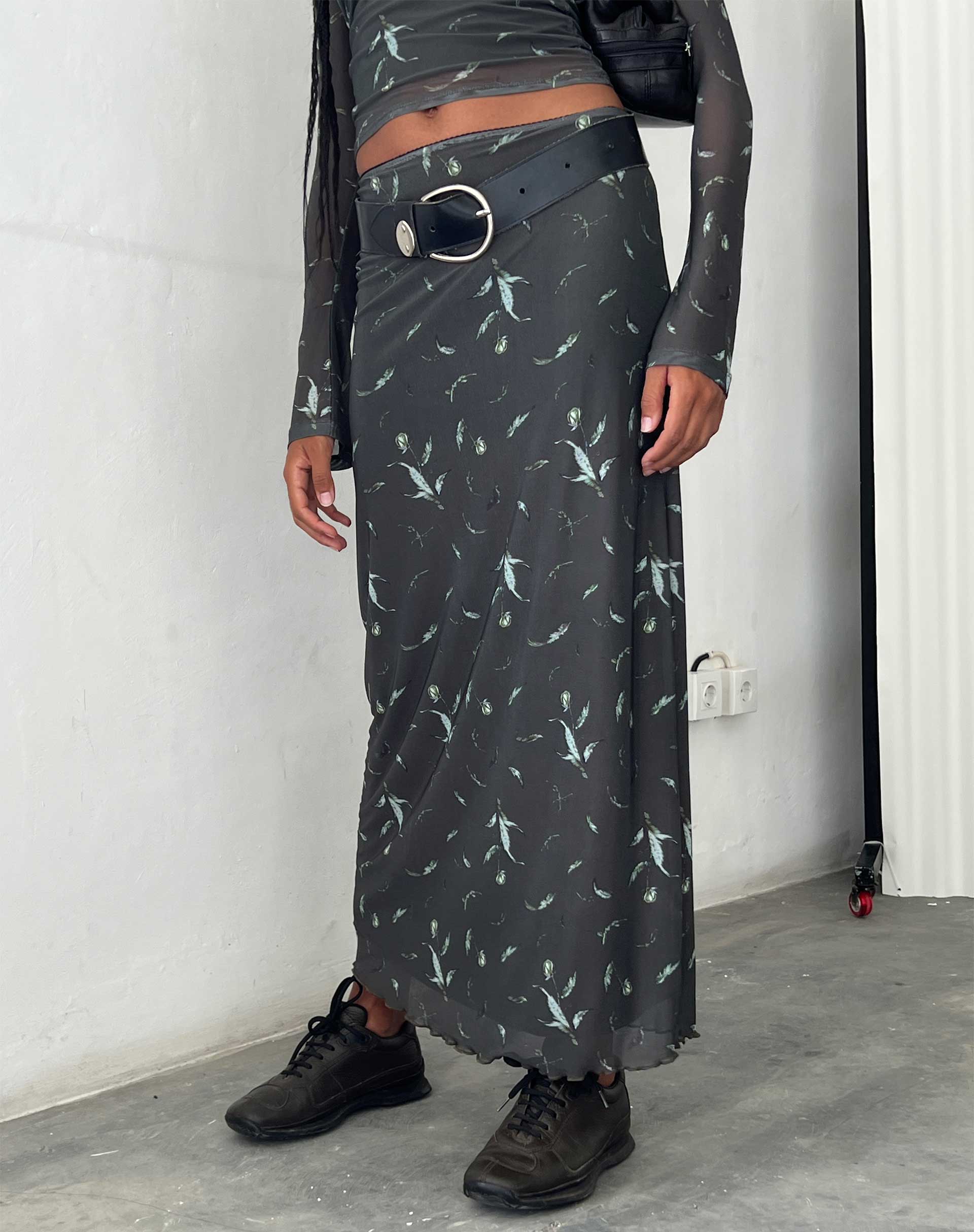 Trula Mesh Maxi Skirt in Floral Khaki Silhouette - Awmao