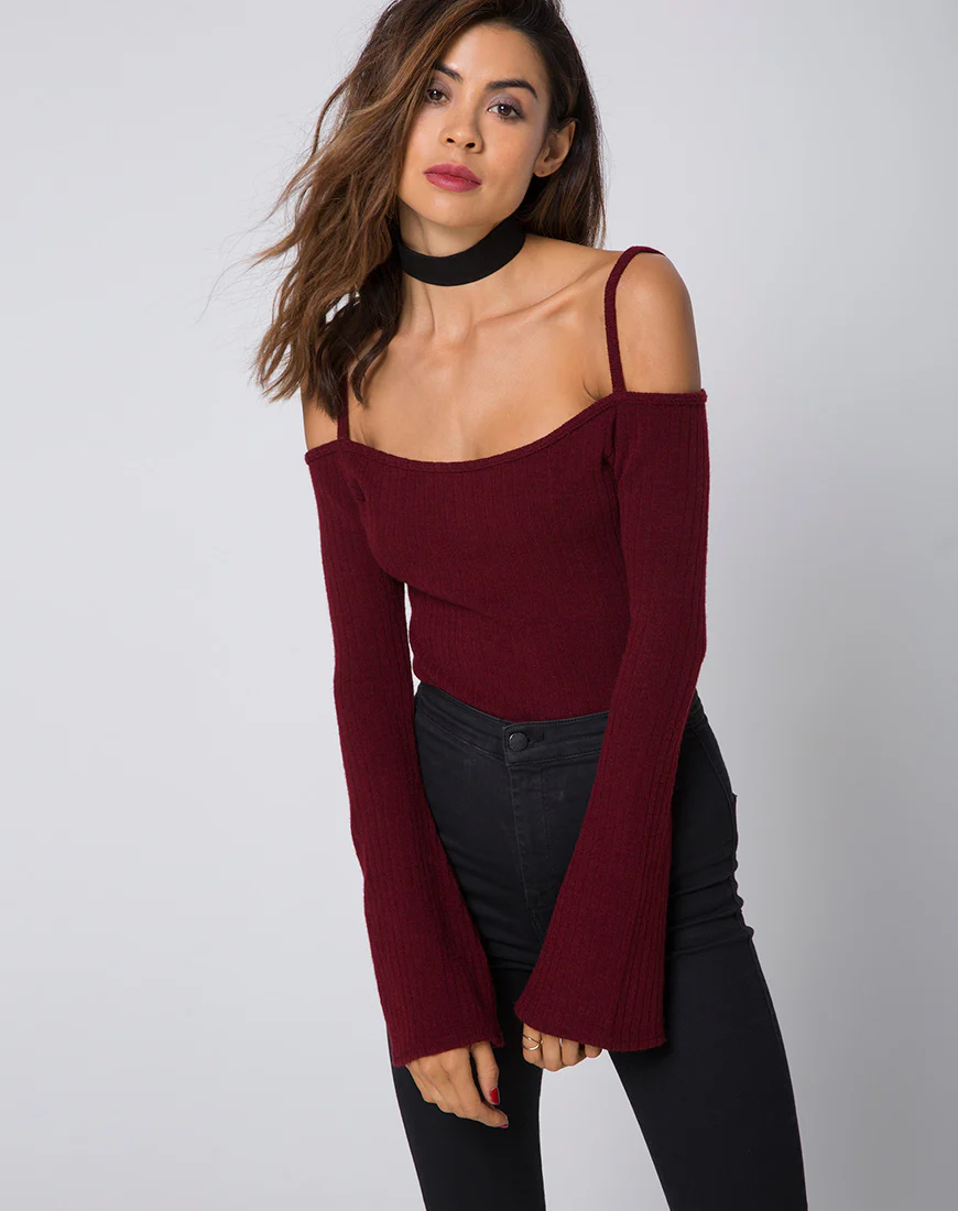 Niani Cold Shoulder Bodice in Rib Knit Burgundy - Awmao