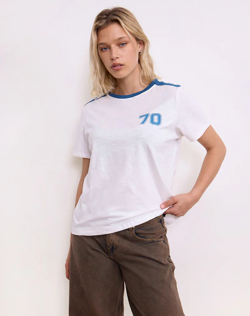 Jihan Top in Off White with Mediterranean Blue Binding - Awmao