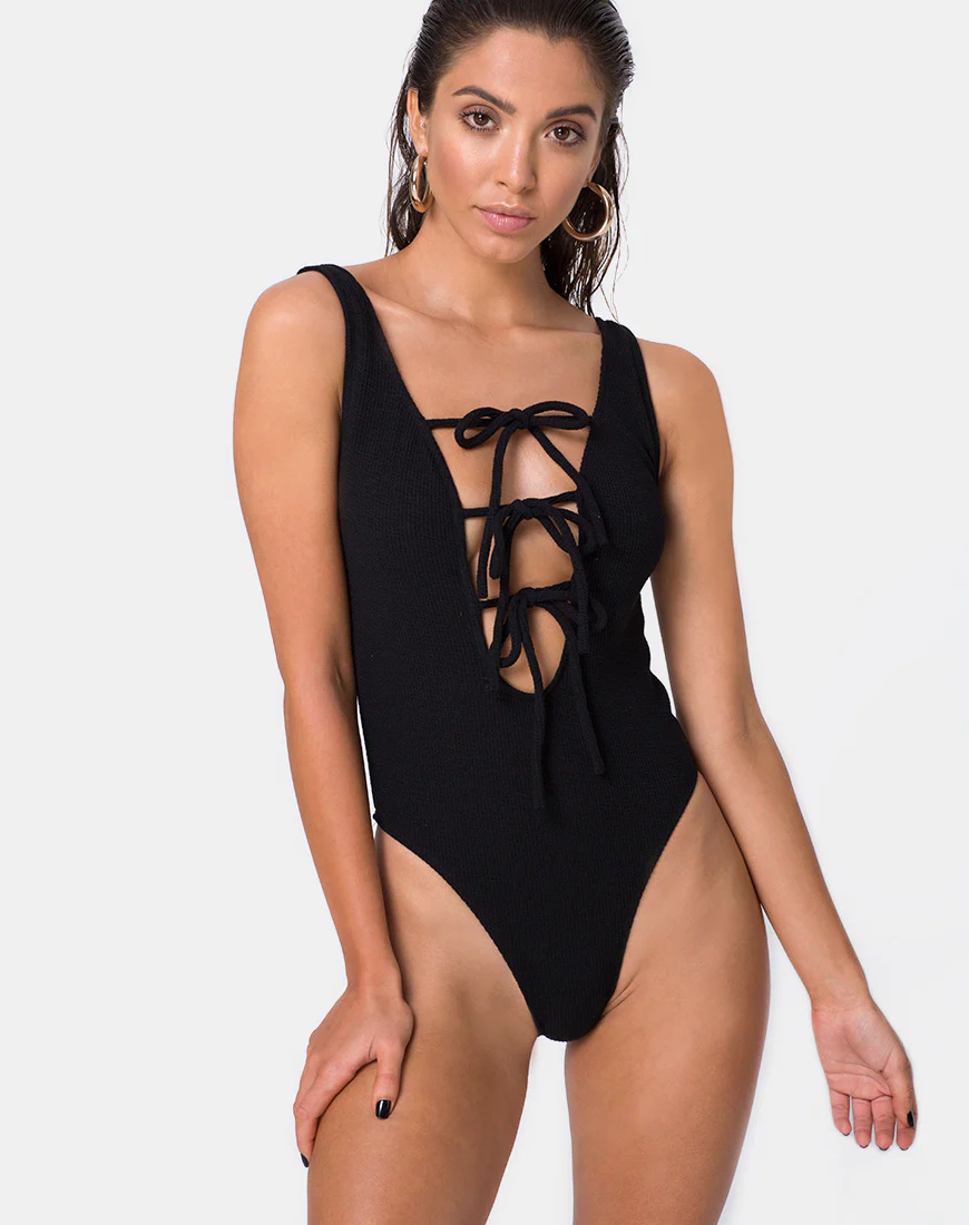 Makana Swimsuit in Crinkle Rib Black - Awmao