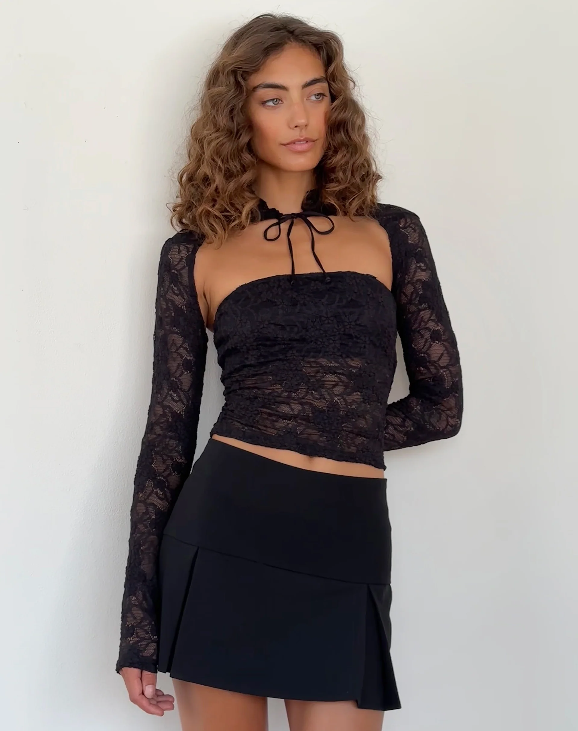 Melvina Bandeau Top and Shrug Set in Lace Black - Awmao