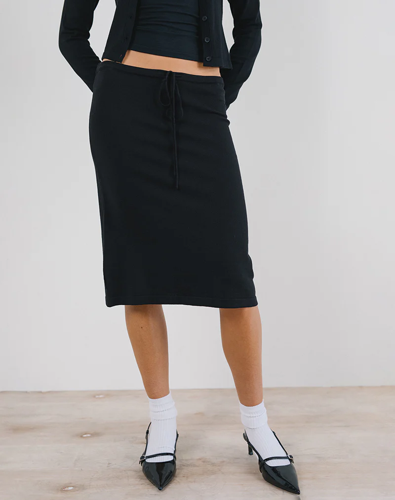 Rella Midi Skirt in Flat Knit Black - Awmao