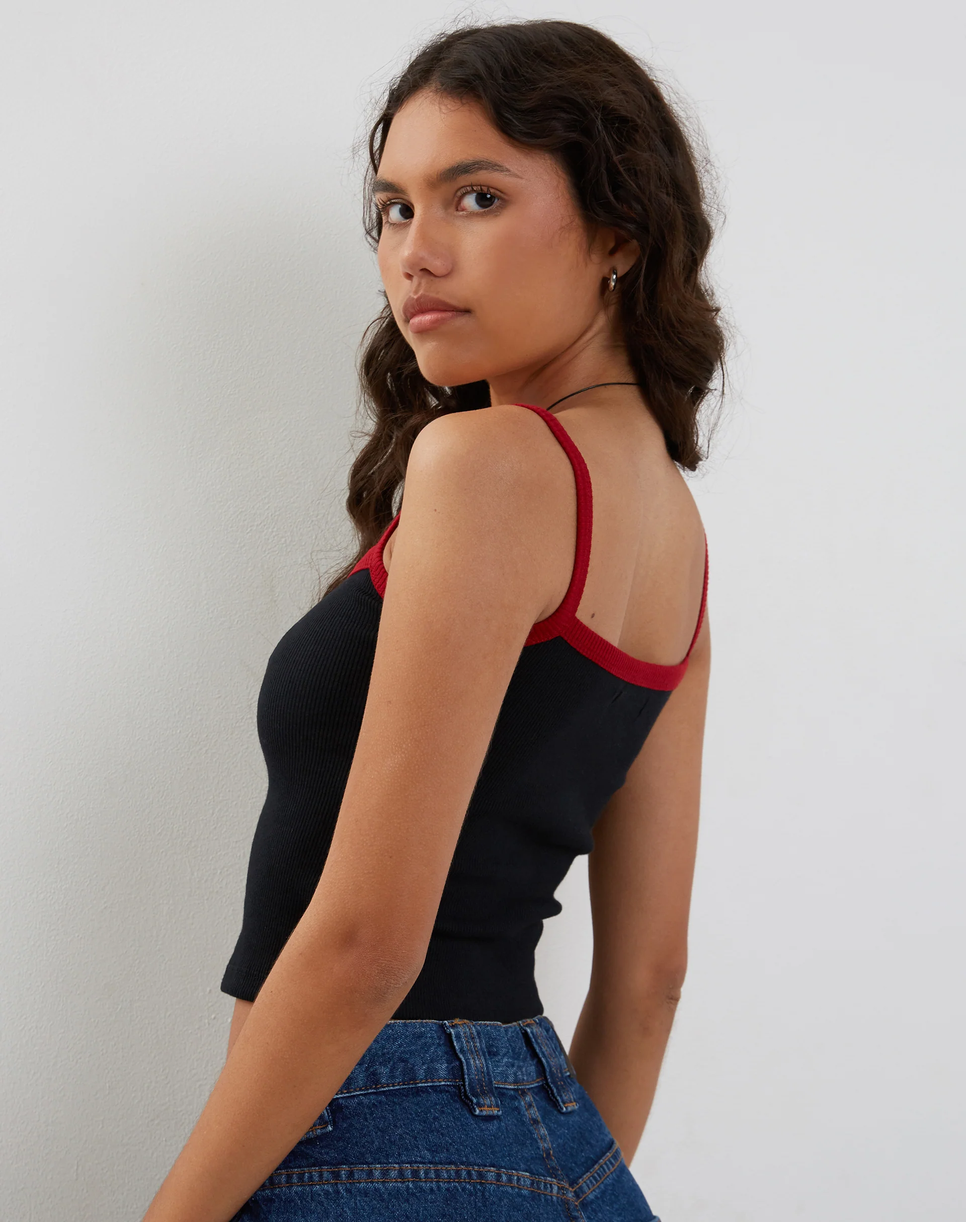Icah Ribbed Vest Top in Black with Red Binding - Awmao