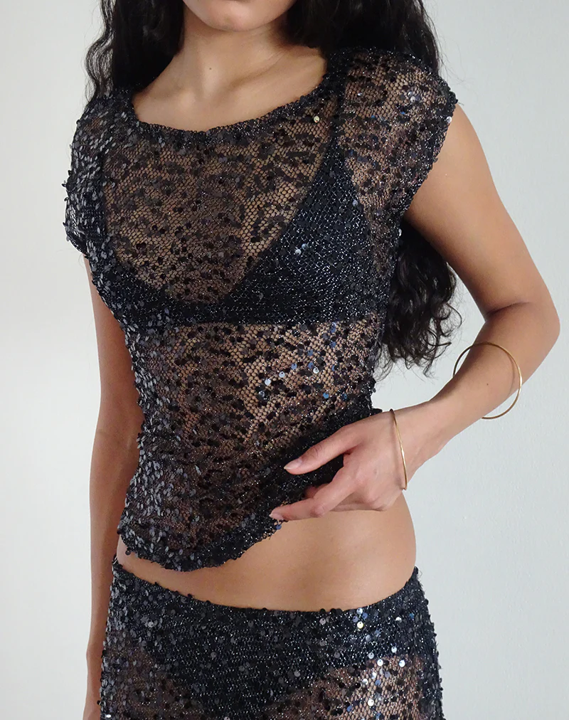 Nova Top in Sequin Mesh Black - Awmao