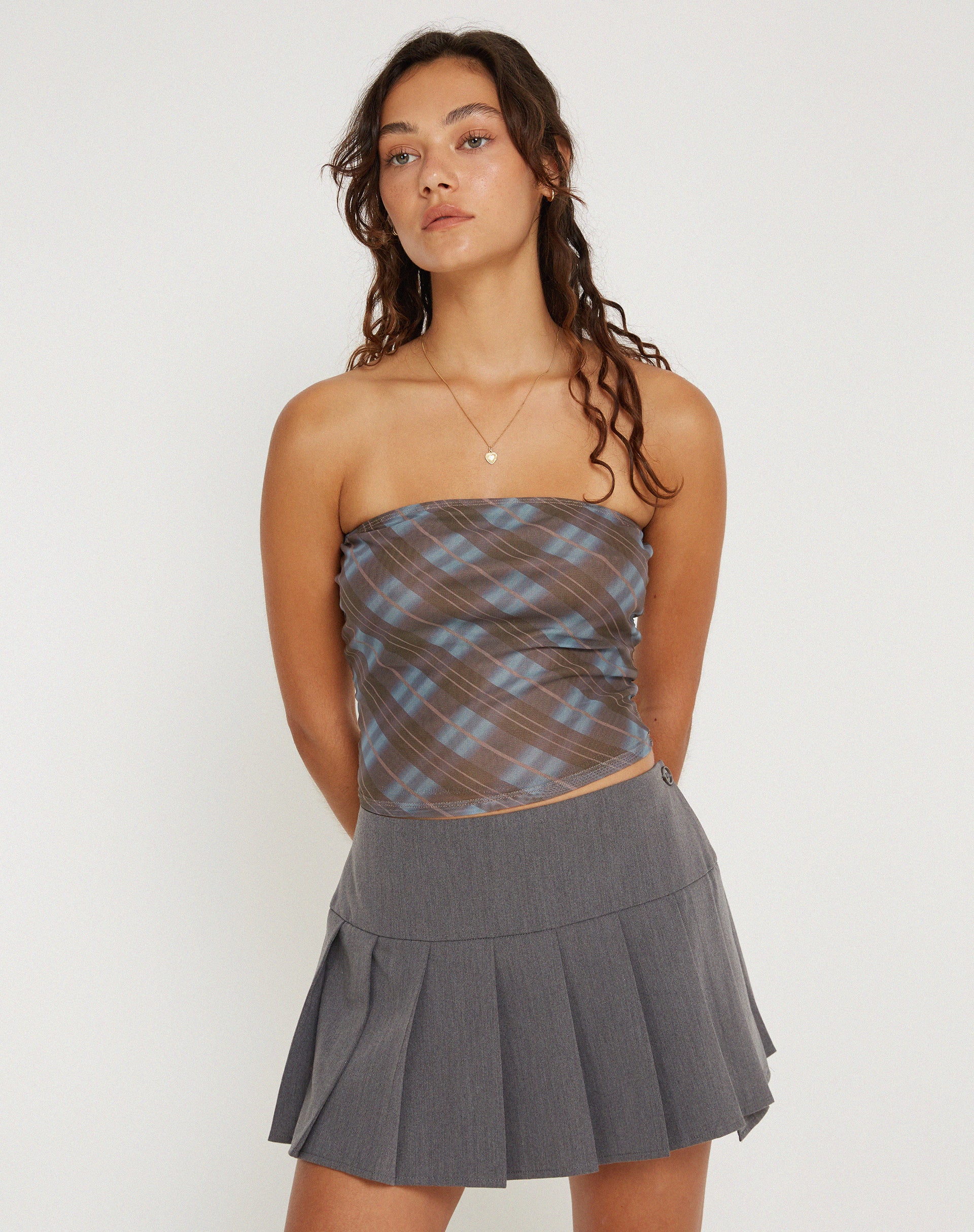 Peggy Bandeau Top in Green Blurred Check Dark Olive - Awmao