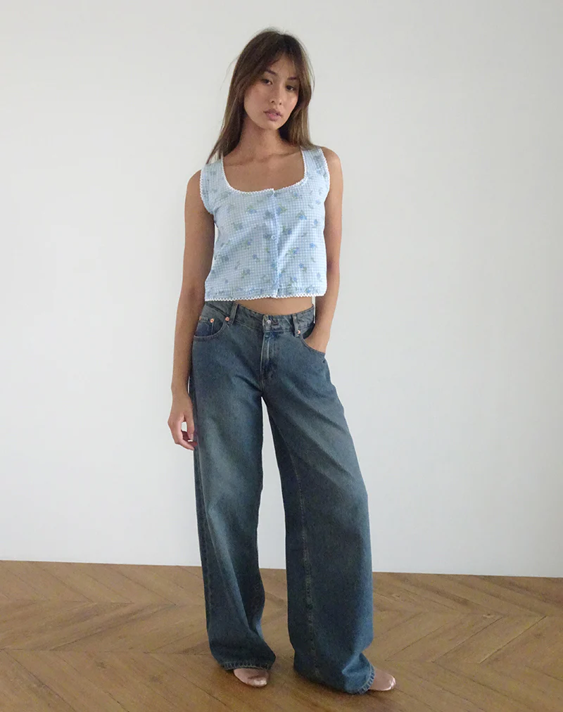 Ternya Top in Blue Flower Gingham - Awmao