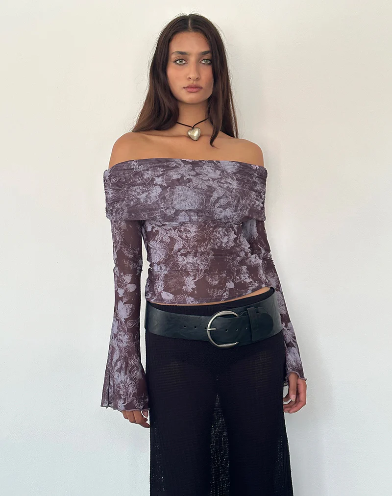 Noelle Bardot Top in Botanic Sketch Purple - Awmao