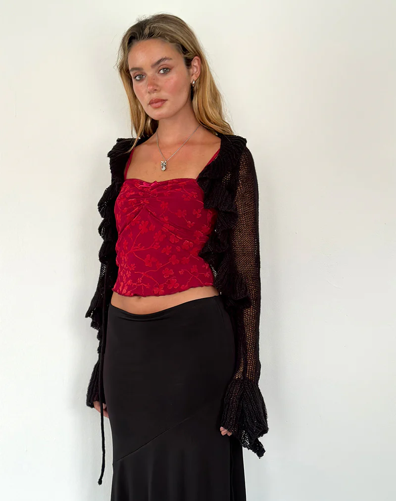 Hali Cami Top in Grunge Floral Flock Red - Awmao